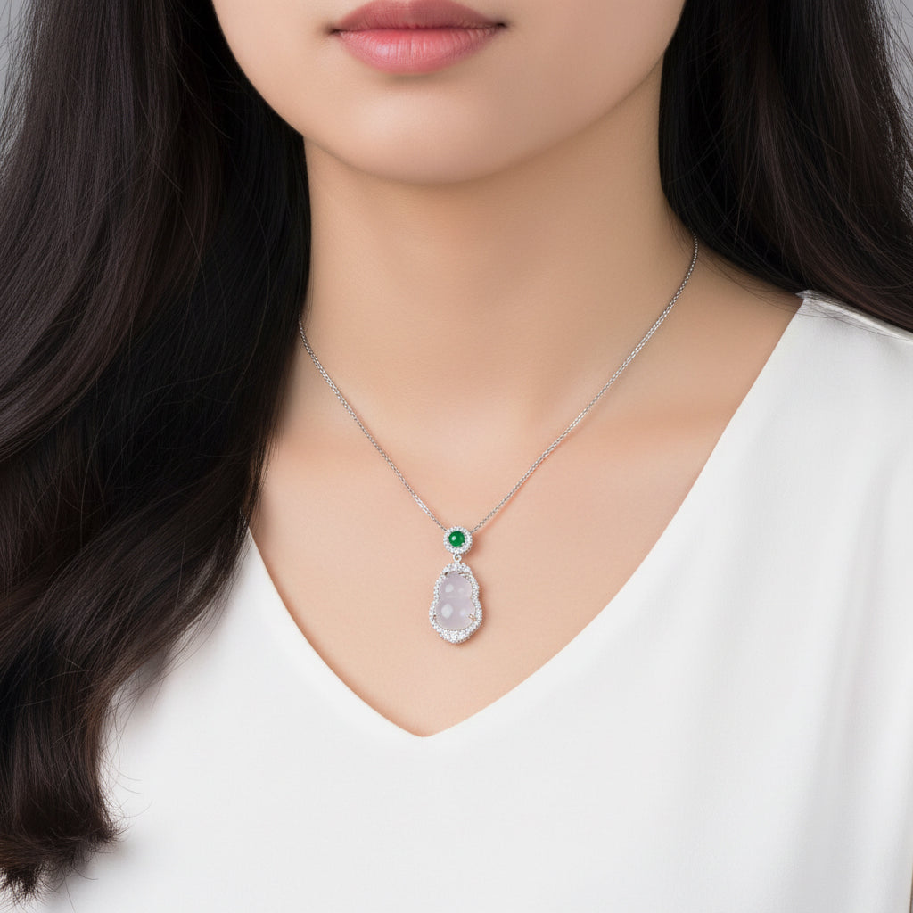 Silver Zircon Chalcedony Ruyi Calabash Gourd Necklace
