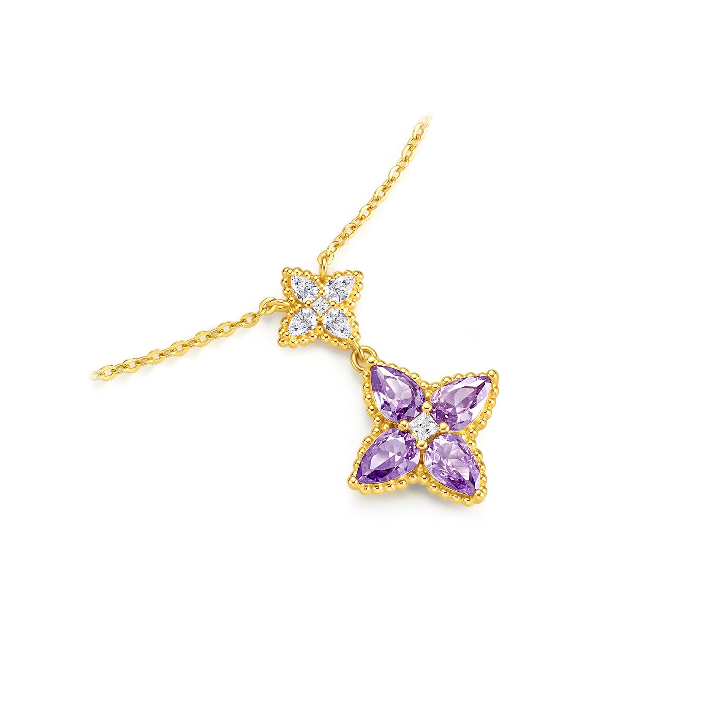 Gold Plated Silver Zircon Purple Lucky Clover Jewelry Set - Necklace & Earrings