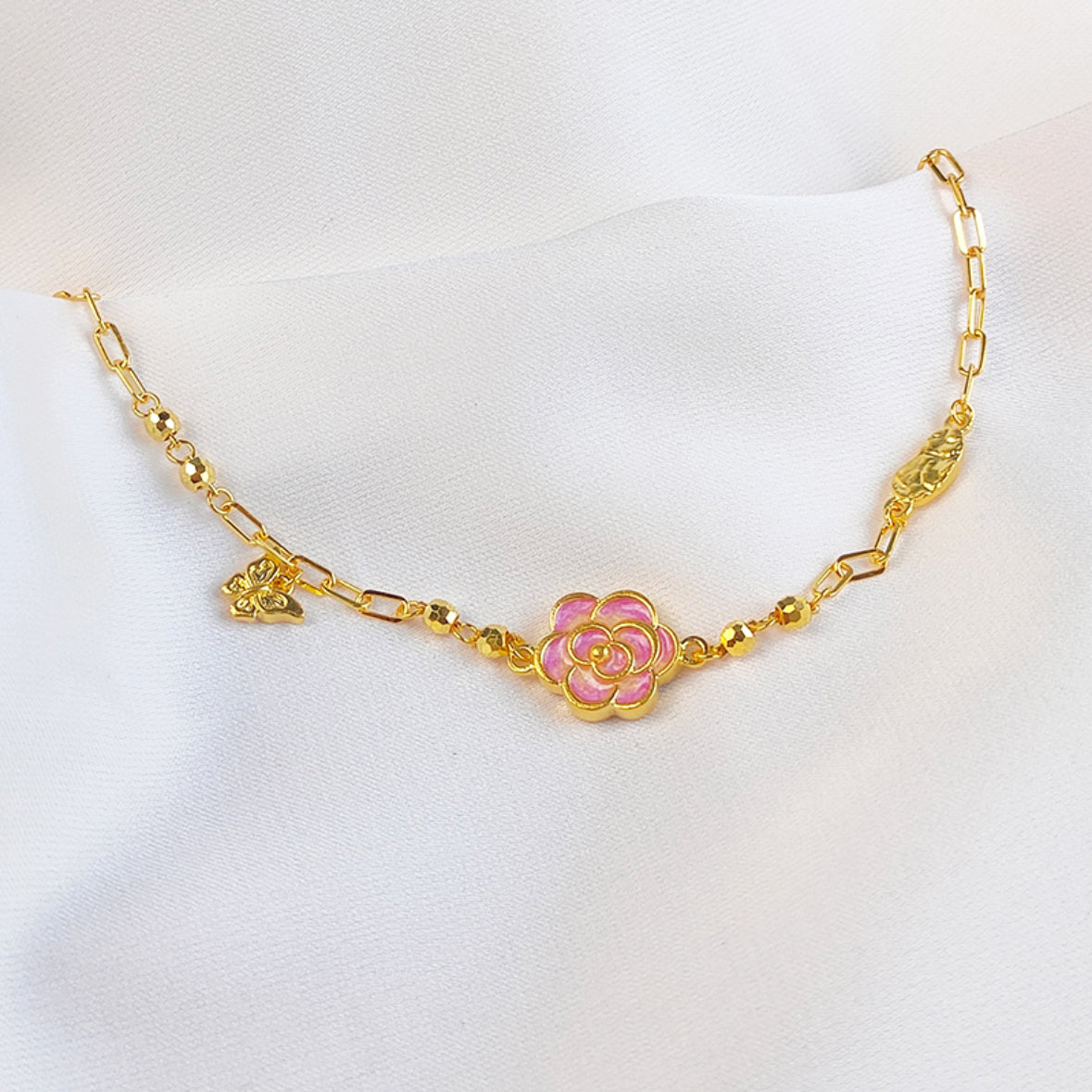 Monet Garden Series 24K Gold Enamel Camellia Butterfly Bracelet