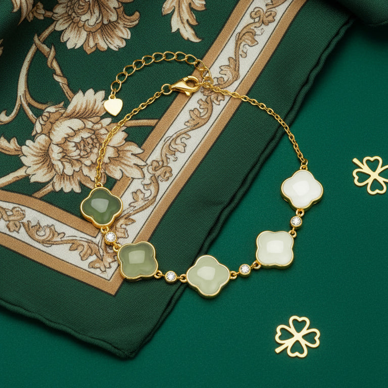 S925 Silver Gradient Color Hetian Jade Clover Bracelet