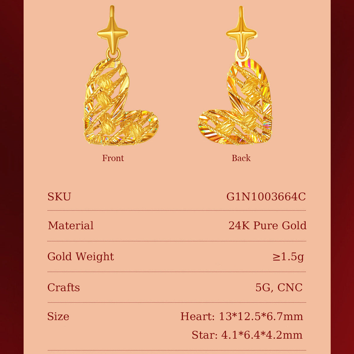 Dazzling Gold Series 24K Gold Beating Heart Pendant