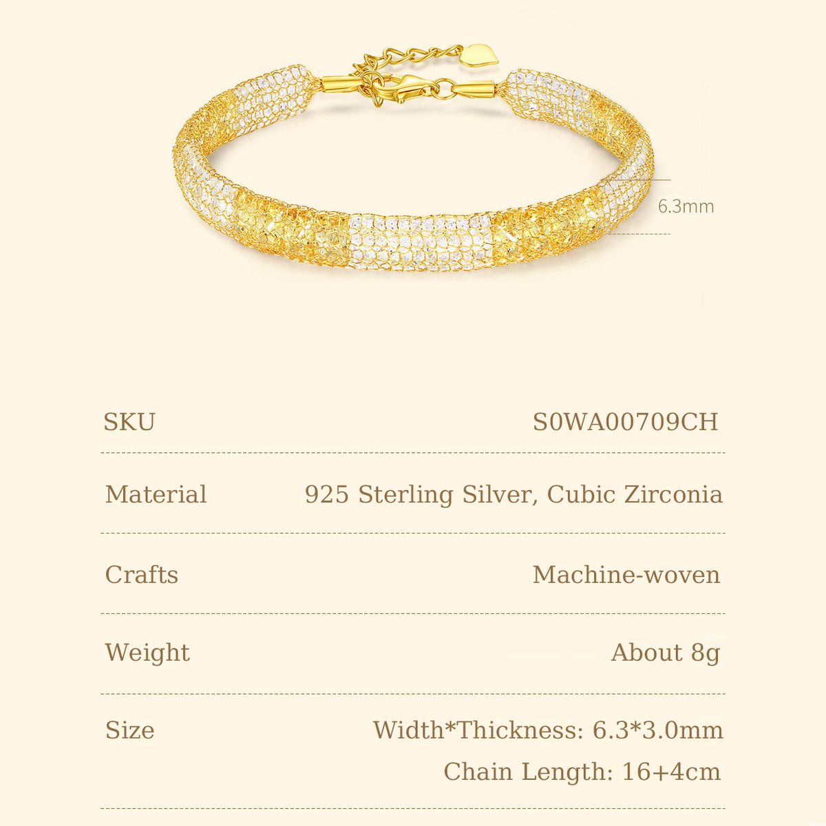 Two-tone silver mesh bracelet specifications: cubic zirconia, 6.3mm width, 16+4cm length, SKU S0WA00709CH