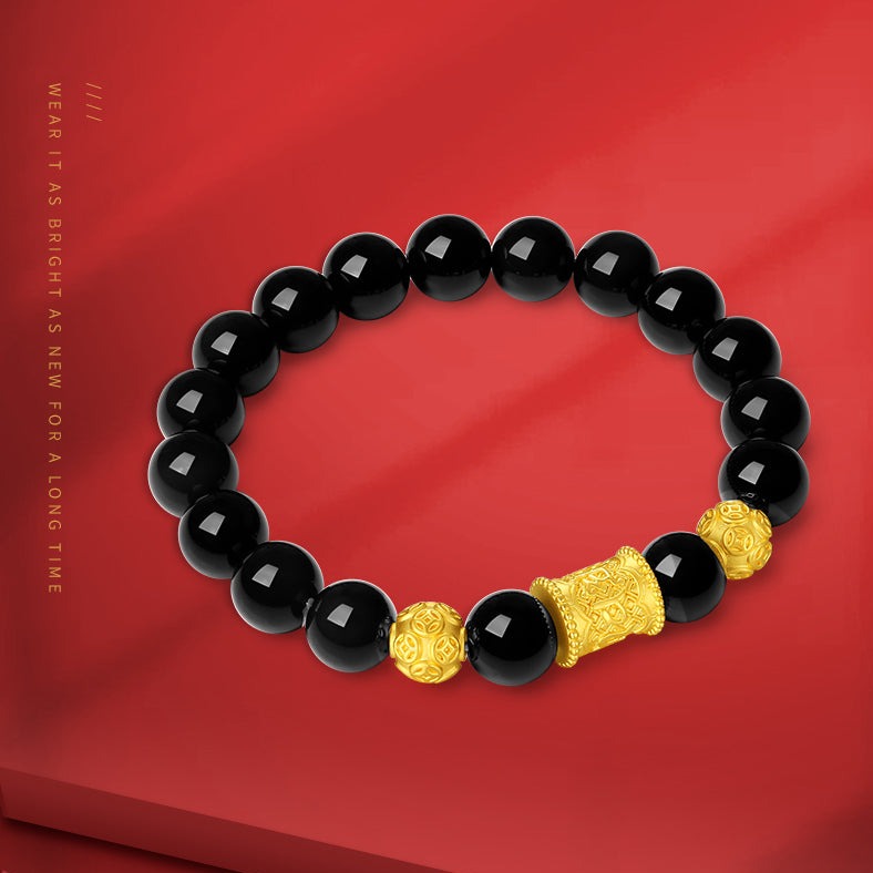 24K Gold Six-Syllable Mantra Barrel Charm Obsidian Men's Bracelet