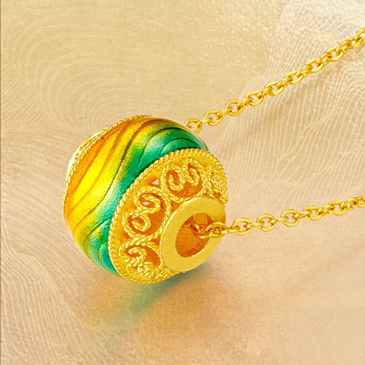 A Grand Panorama of Rivers and Mountains Series 24K Gold Enamel Filigree Hollow Bead Necklace