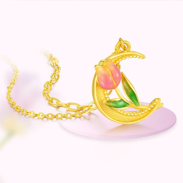 Monet Garden Series 24K Gold Tulip and Half Moon Necklace