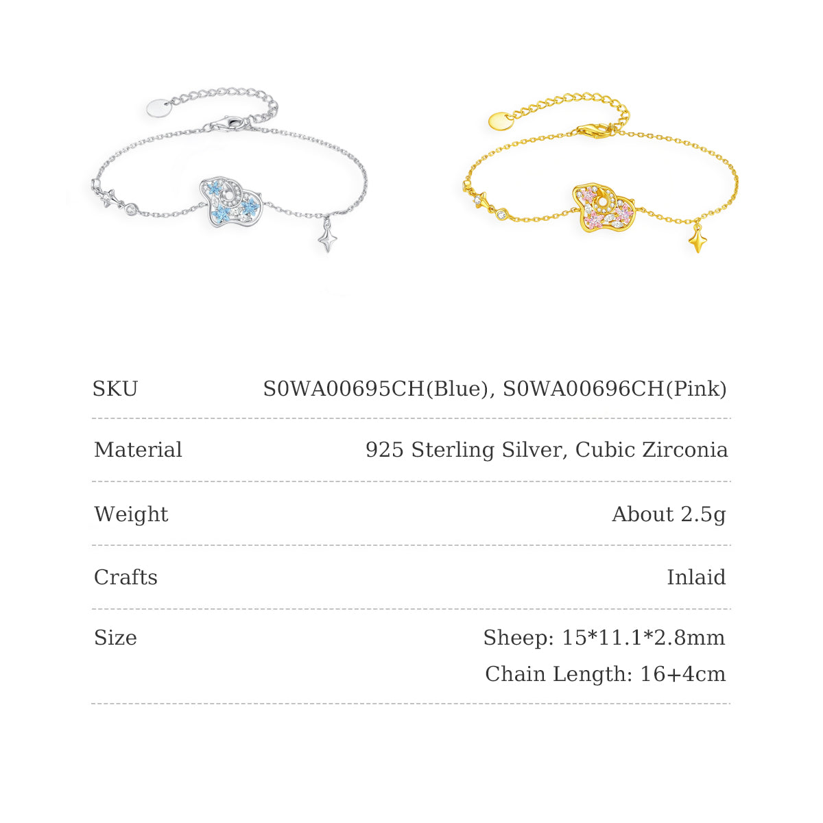 Blue and pink sheep bracelet size chart: 15 x 11.1 x 2.8mm sheep details and 16+4cm chains in 925 silver