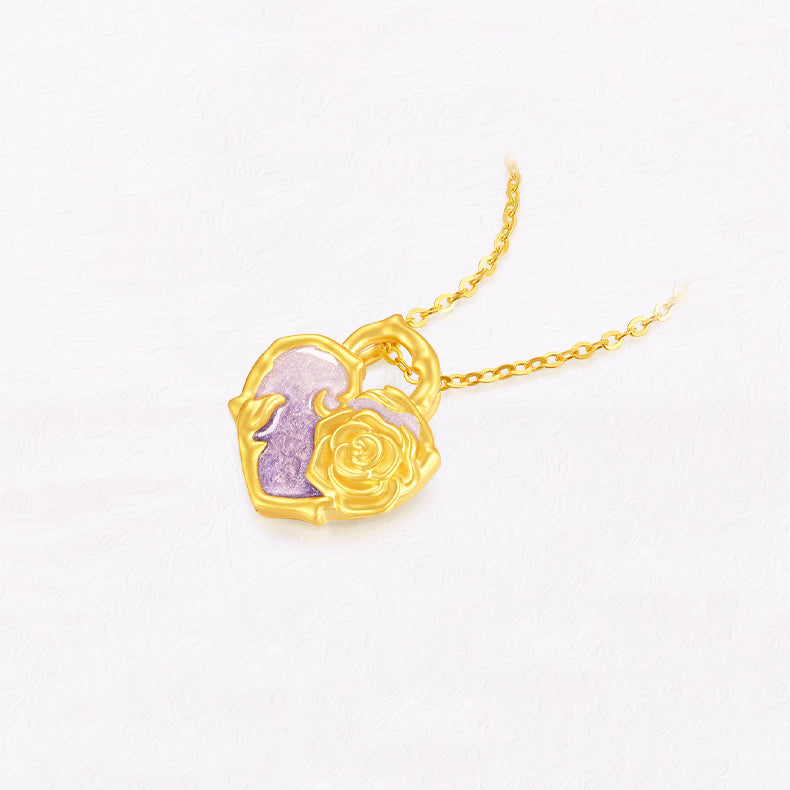 Monet Garden Series 24K Gold Secret Words Luminous Enamel Rose Heart Lock Necklace Pendant