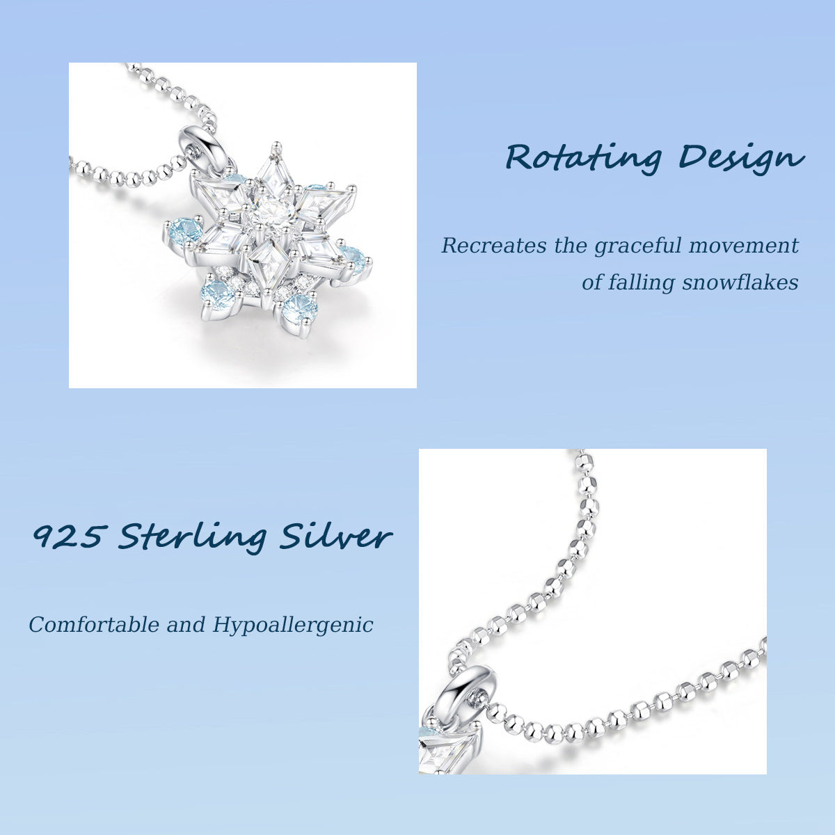 ChowTaiSeng S925 silver snowflake necklace feature card — rotating design text, 925 sterling silver hypoallergenic label, ball chain close-up, blue background