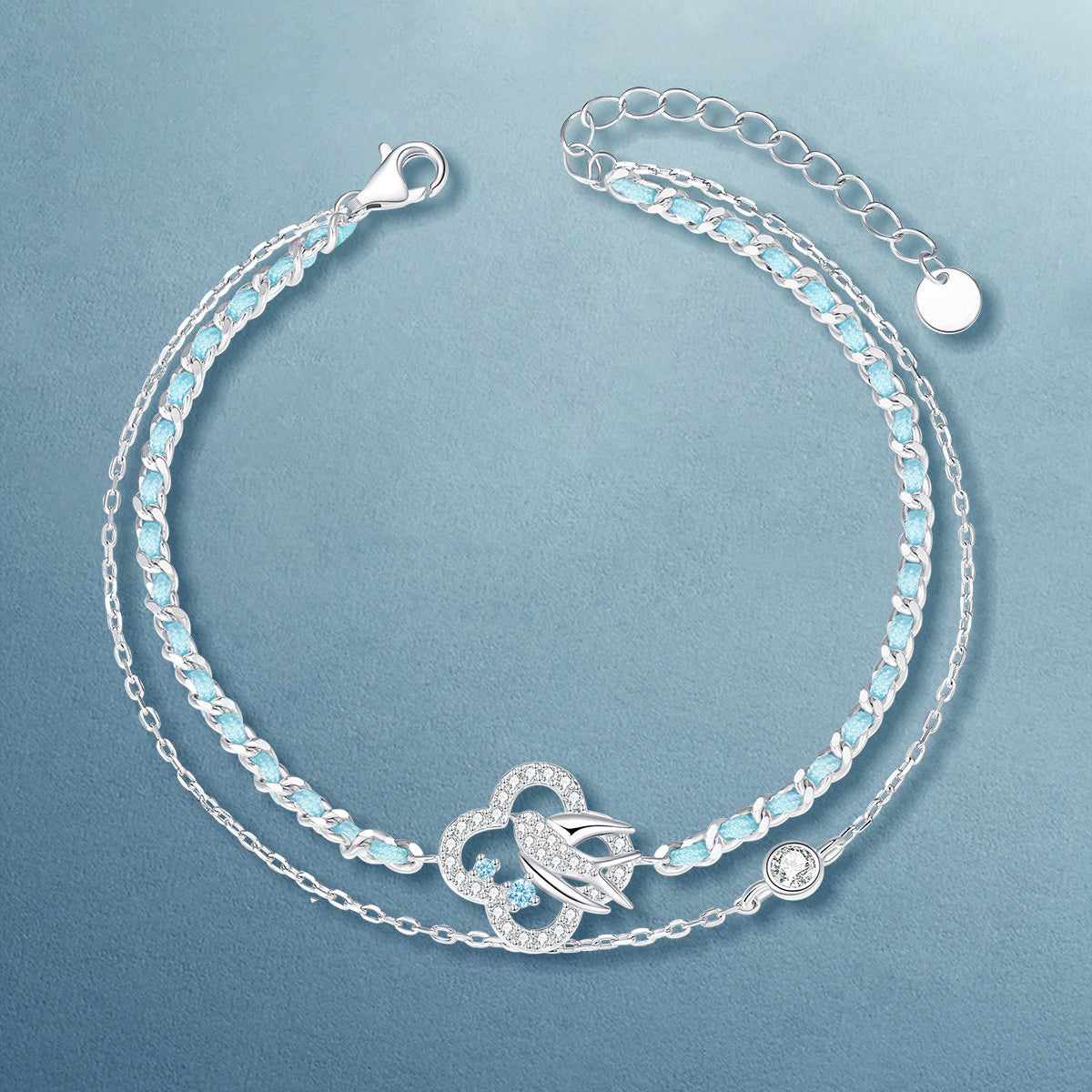 [Pre-sale] Silver Zircon Swallow Clover Double-layer Bracelet