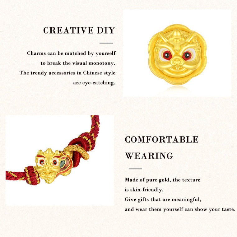 24K Gold Chinese Southern Lion Dance Rotatable Charm Set Bracelet