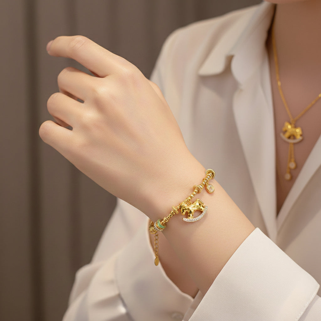 Silver Zircon Rich Horse Jewelry Set - Necklace Bracelet