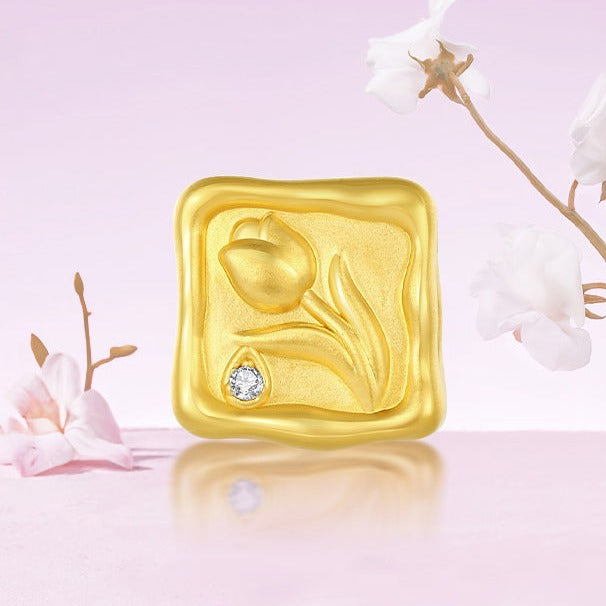 Monet Garden Series 24K Gold Diamond Tulip Square Charm