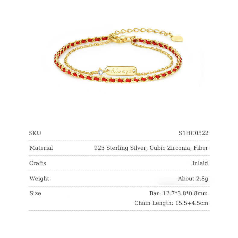 Gold Plated Silver "Always" Love Red String Bracelet