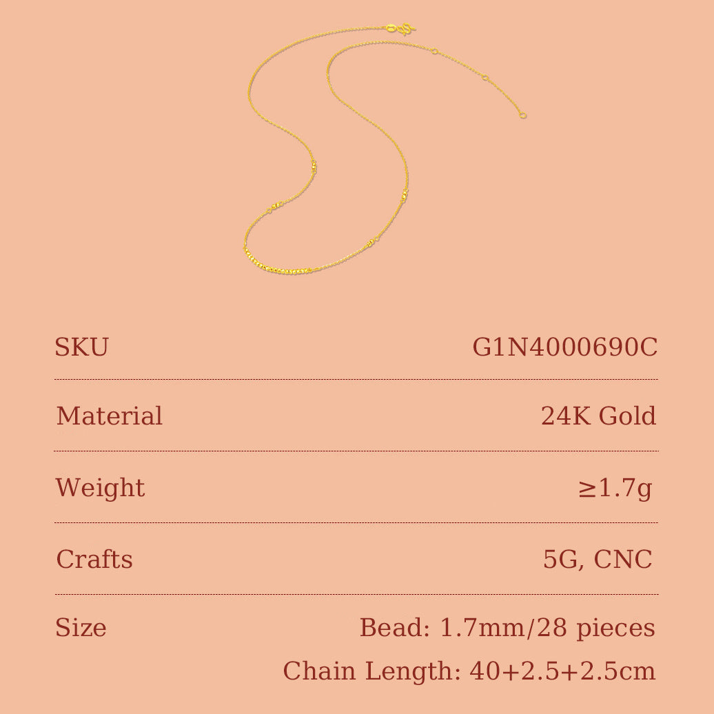 24K pure gold minimalist disco ball necklace specifications — SKU G1N4000690C, gold weight ≥1.7g, bead size 1.7mm × 28 pieces, chain length 40+2.5+2.5cm, 5G CNC crafts