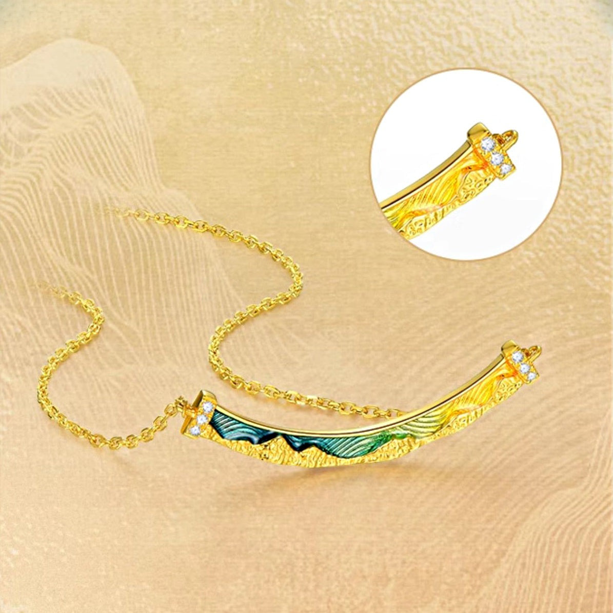 A Grand Panorama of Rivers and Mountains Series 24K Gold Enamel Diamond Arc Bar Necklace