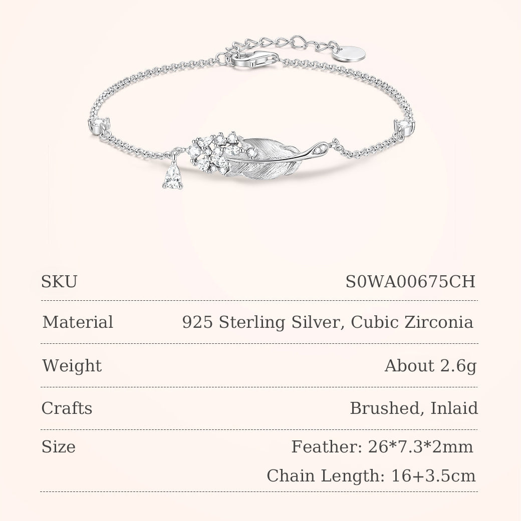 925 sterling silver swan feather bracelet spec sheet: SKU S0WA00675CH, material 925 sterling silver and cubic zirconia, weight 2.6g, brushed and inlaid finish, feather 26×7.3×2mm, chain 16+3.5cm