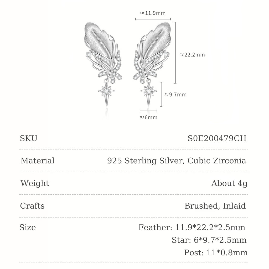 925 sterling silver swan feather earring size chart: feather 11.9×22.2mm, star charm 6×9.7mm, post 11×0.8mm, weight approx 4g