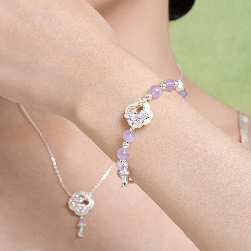 Silver Shell Wisteria Flower Garden Jewelry Set - Bracelet Necklace