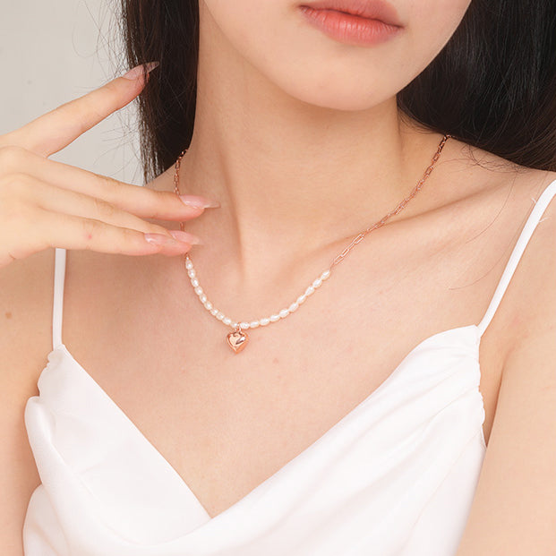 [Pre-sale] S925 Silver Pearl Rose Gold Heart Necklace