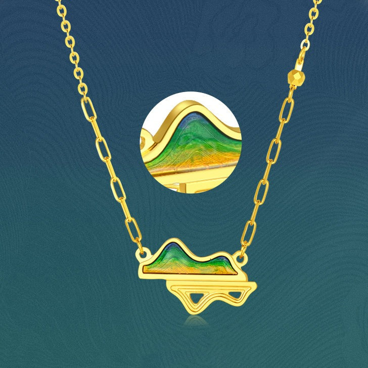 A Grand Panorama of Rivers and Mountains Series 24K Gold Enamel Green Mountain Shadow Necklace