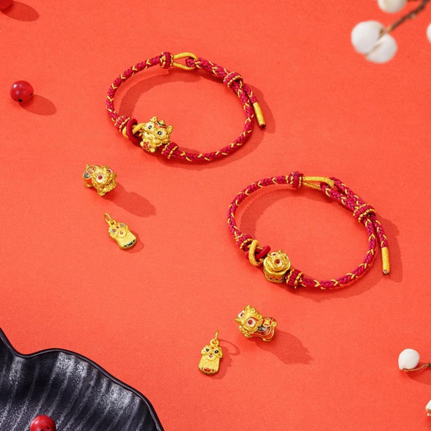 24K Gold Chinese Southern Lion Dance Rotatable Charm Set Bracelet