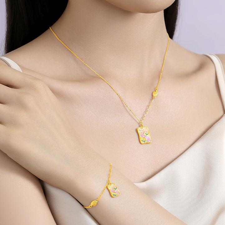 Monet Garden Series 24K Gold Enamel Water Lilies Tag Necklace