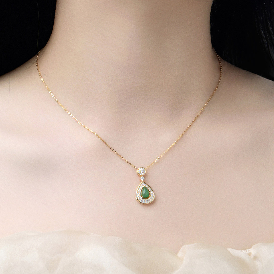 Gold Plated Silver Pear-shaped African Green Jade Drop Necklace