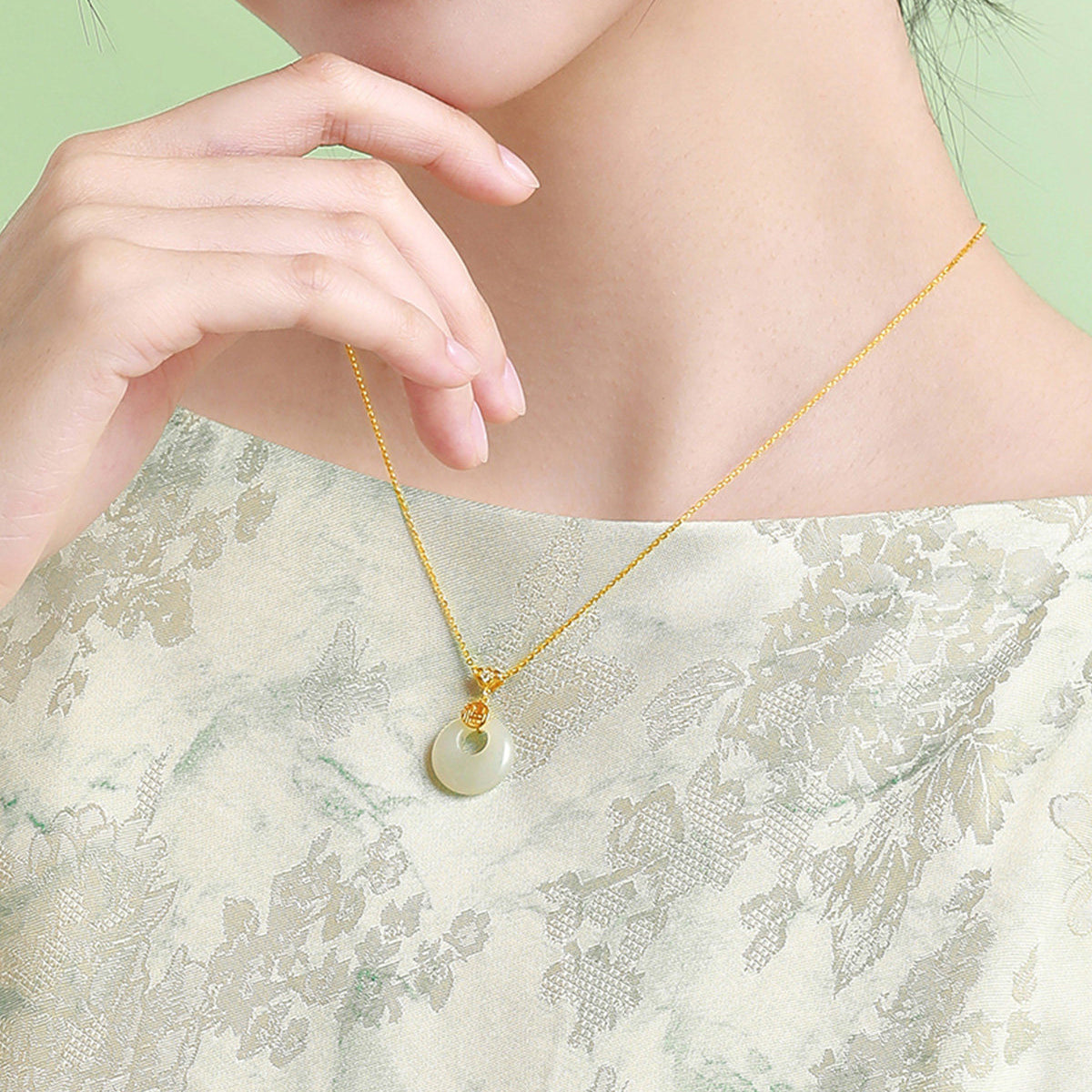 Gold Plated Silver Hetian Jade Blessing Ping An Buckle Necklace