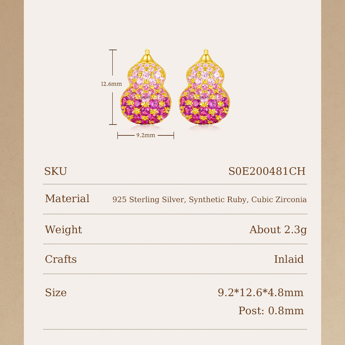 Gourd stud earrings size chart: 9.2 x 12.6 x 4.8mm, 0.8mm posts, SKU S0E200481CH