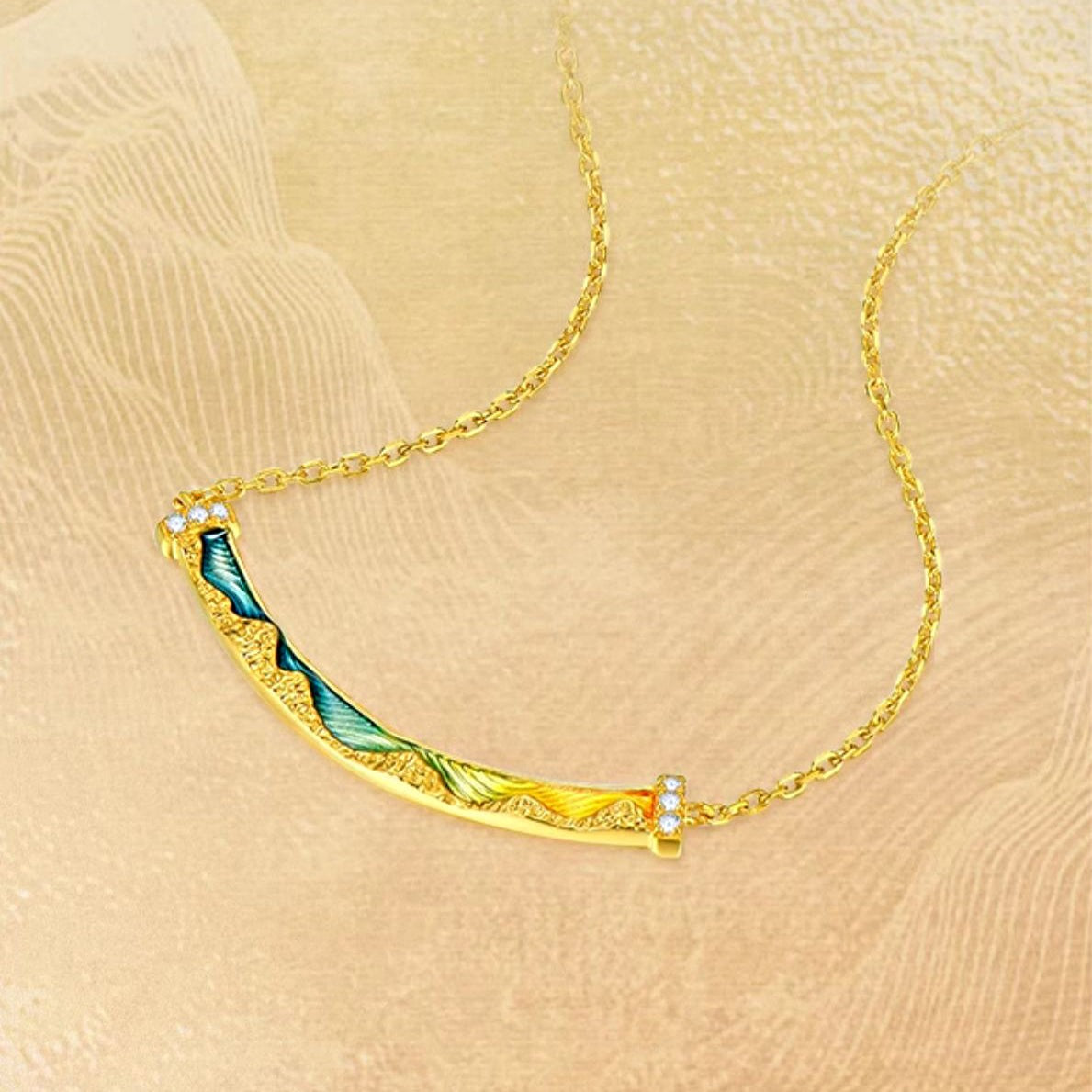 A Grand Panorama of Rivers and Mountains Series 24K Gold Enamel Diamond Arc Bar Necklace