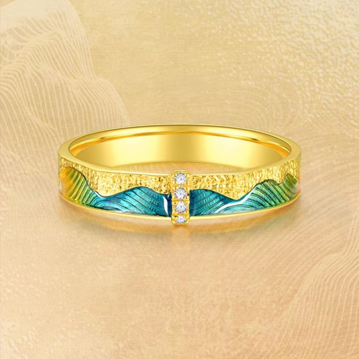 A Grand Panorama of Rivers and Mountains Series 24K Gold Diamond Enamel Green Mountain Ring