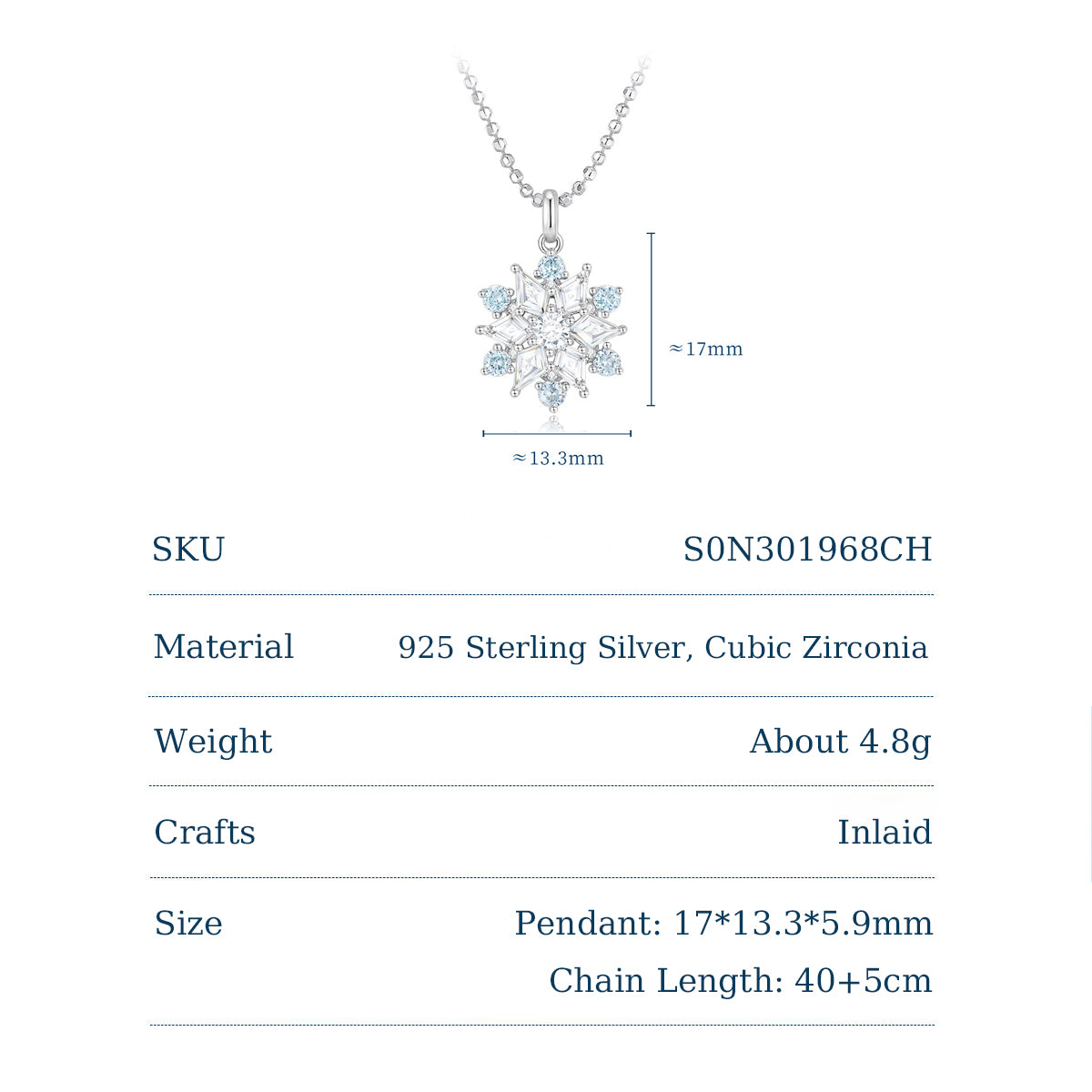 ChowTaiSeng S925 silver snowflake necklace spec sheet — pendant 17x13.3mm diagram, SKU S0N301968CH, material 925 silver cubic zirconia, weight 4.8g, chain 40+5cm