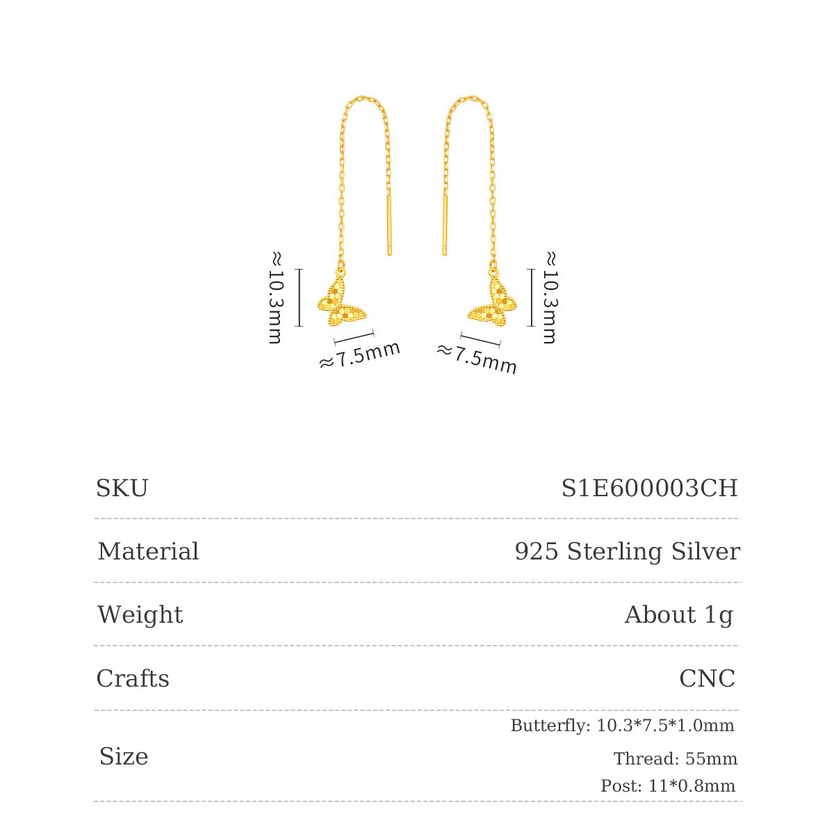Butterfly threader earring size chart showing 10.3 x 7.5 x 1 mm charms, 55 mm chains and 11 x 0.8 mm posts