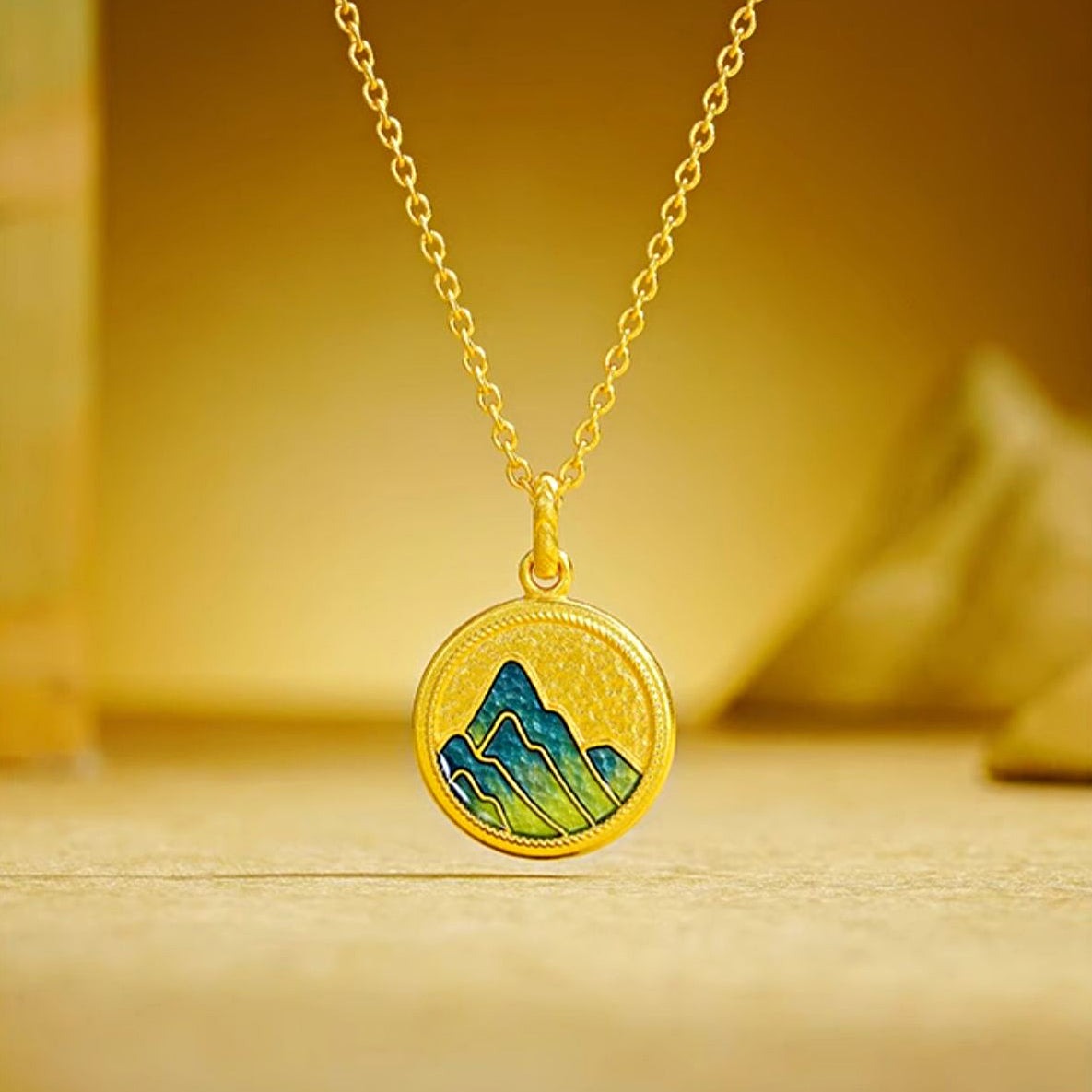 A Grand Panorama of Rivers and Mountains Series 24K Gold Enamel Square Round Tag Couple Necklaces