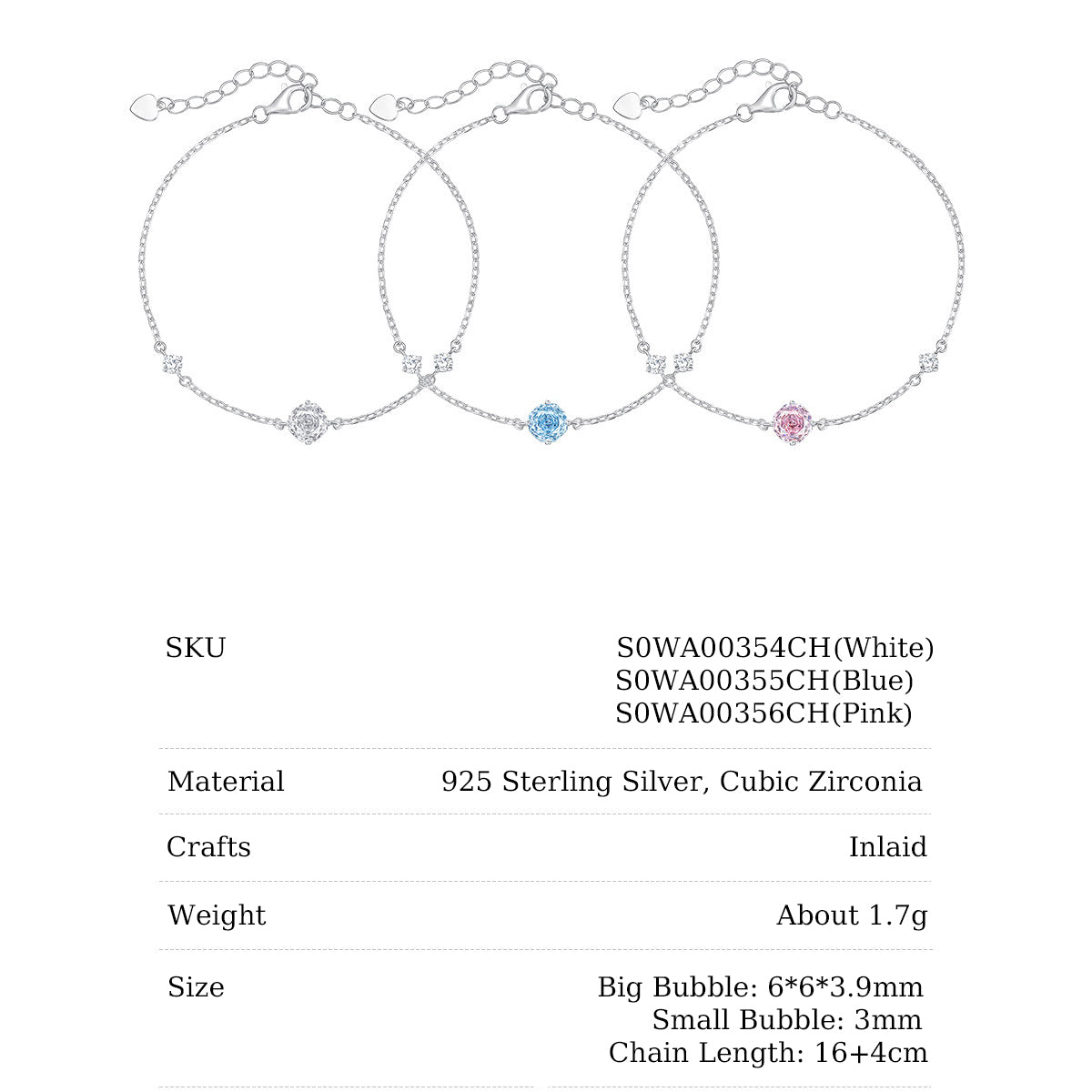 Silver Zircon Colored Rose Solitaire Bezel Bracelet