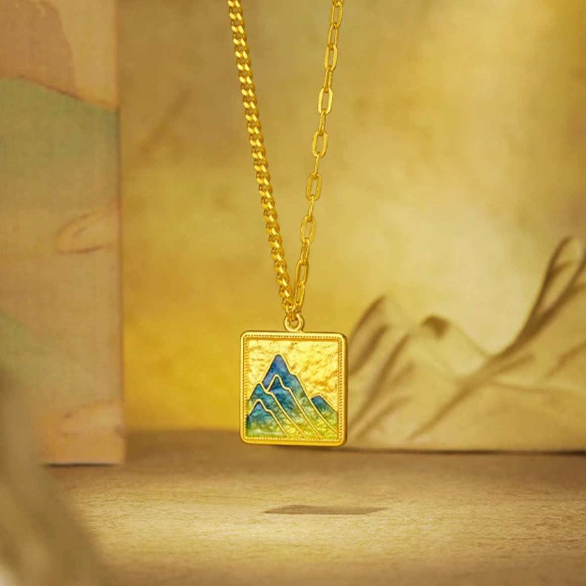 A Grand Panorama of Rivers and Mountains Series 24K Gold Enamel Square Round Tag Couple Necklaces