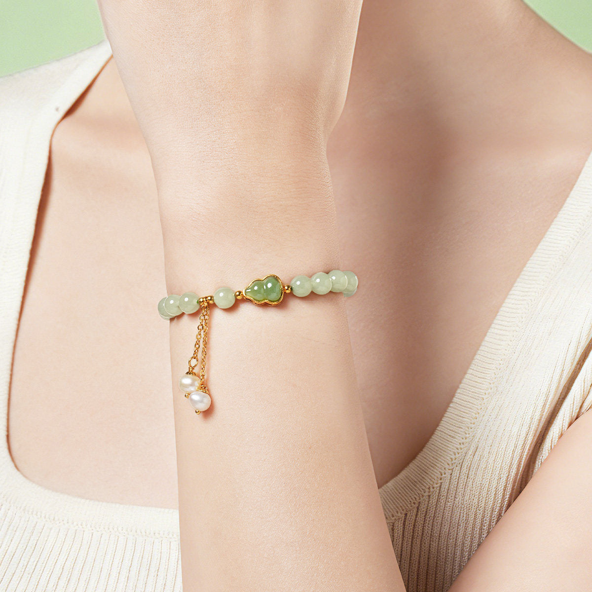 Gold Plated Silver Hetian Jade Calabash Gourd Beaded Bracelet