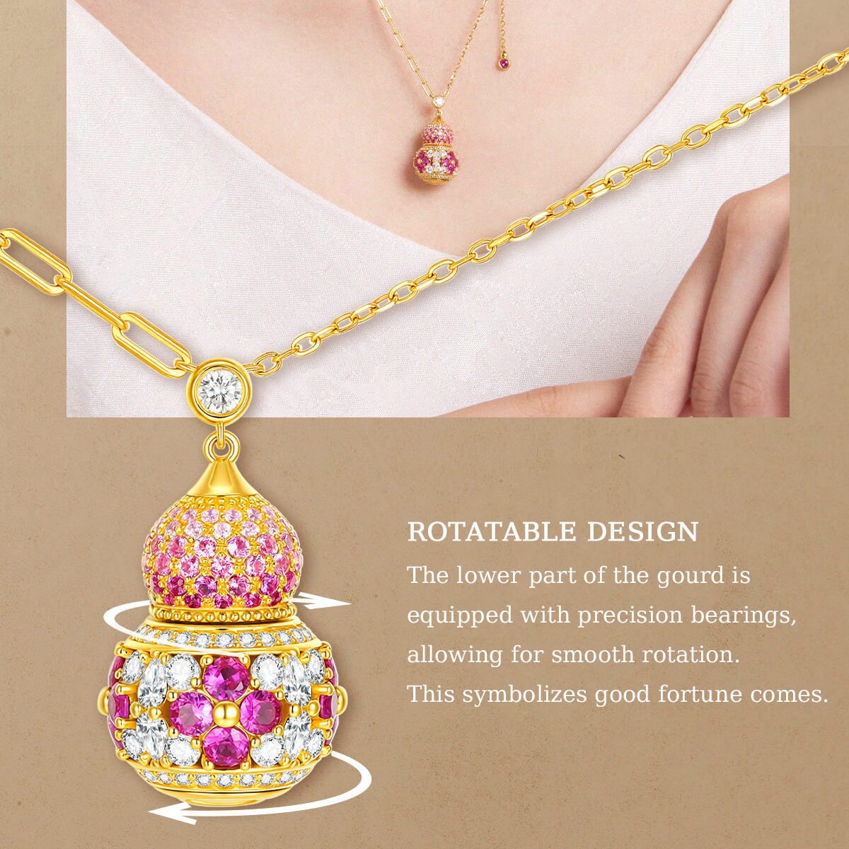 Gold-plated silver gourd necklace feature image showing the rotating lower pendant with directional arrows