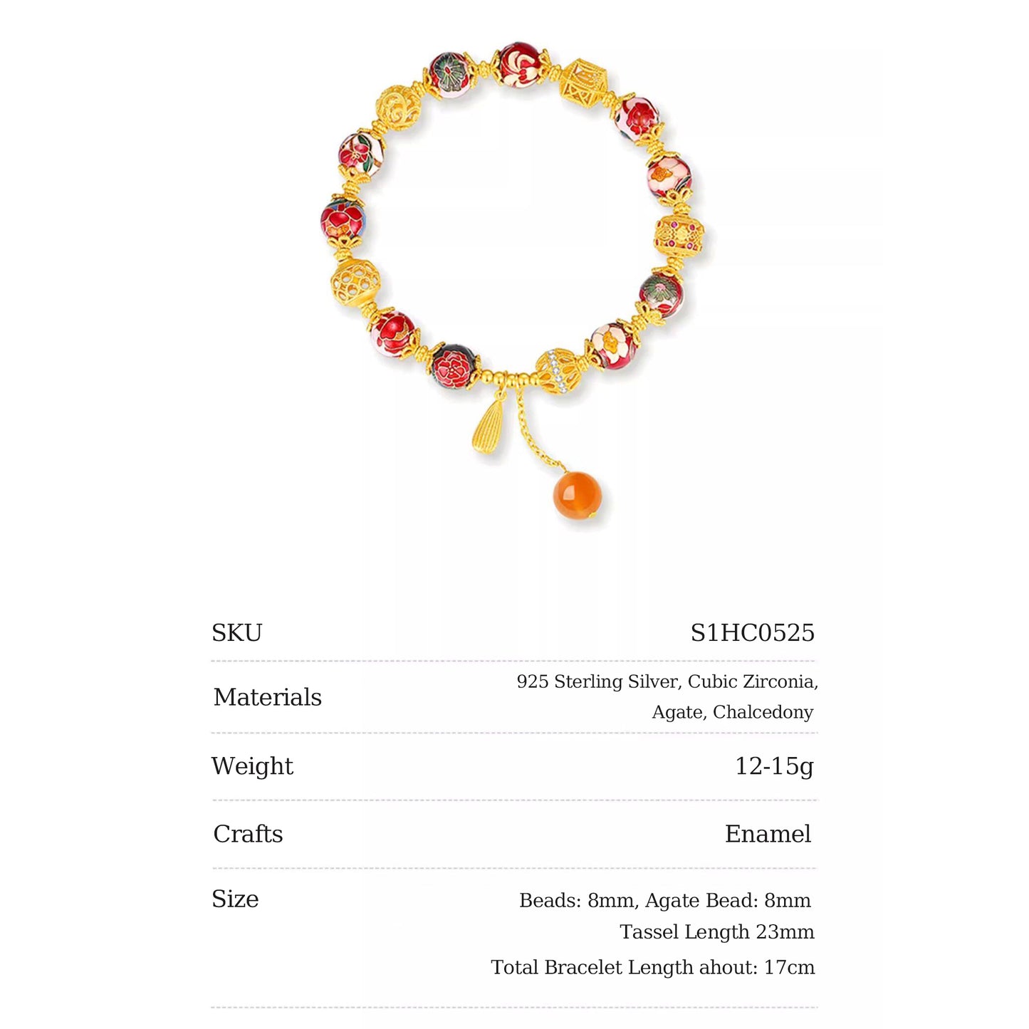 Gold Plated Silver Enamel Agate Hydrangea Flowers Bead Bracelet