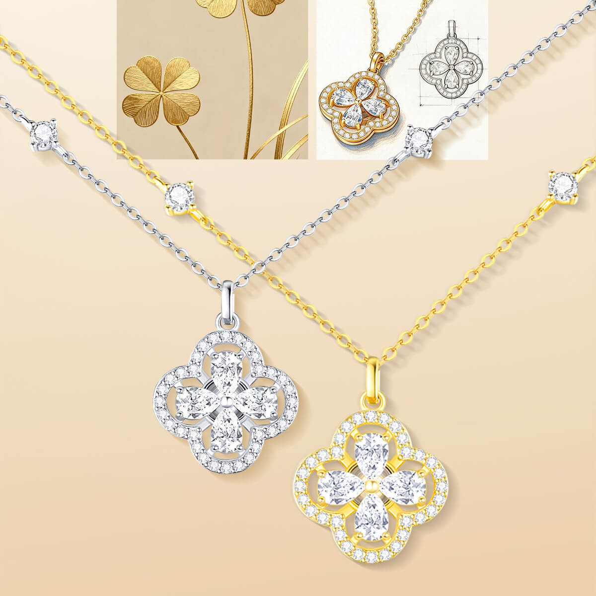 Silver-color and gold-tone clover necklaces with cubic zirconia, botanical inspiration and a design sketch