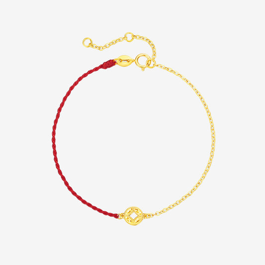 18K Gold Shiny Coin Red Rope Bracelet
