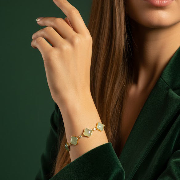 S925 Silver Gradient Color Hetian Jade Clover Bracelet