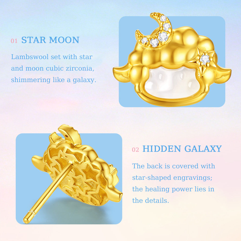 Sheep stud earring details showing white chalcedony, cubic zirconia moon and star-patterned reverse