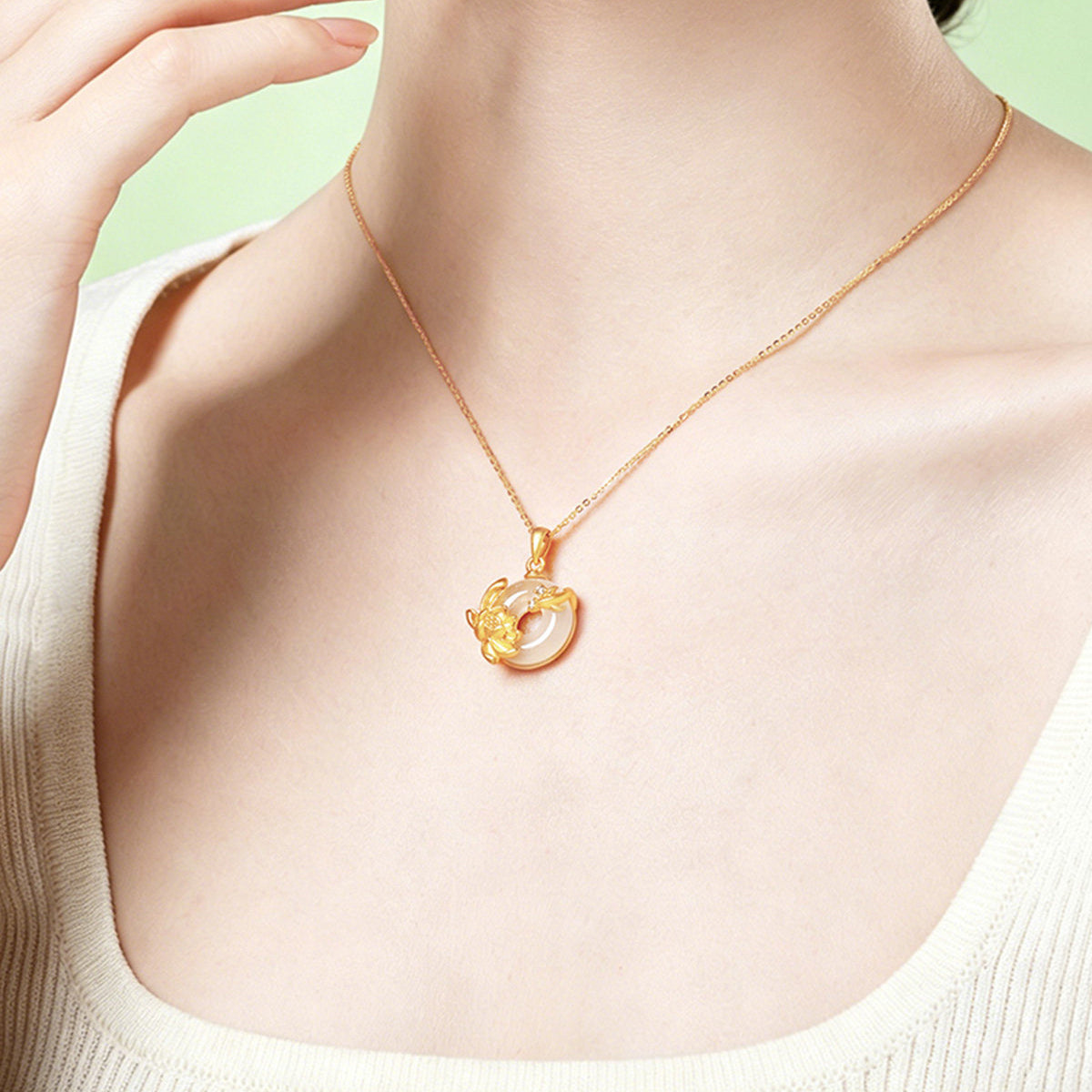 Gold Plated Silver Blessing Lotus Chalcedony Ping An Buckle Necklace