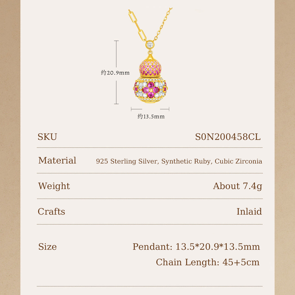 Gourd necklace size chart: 13.5 x 20.9 x 13.5mm pendant, 45+5cm chain, SKU S0N200458CL