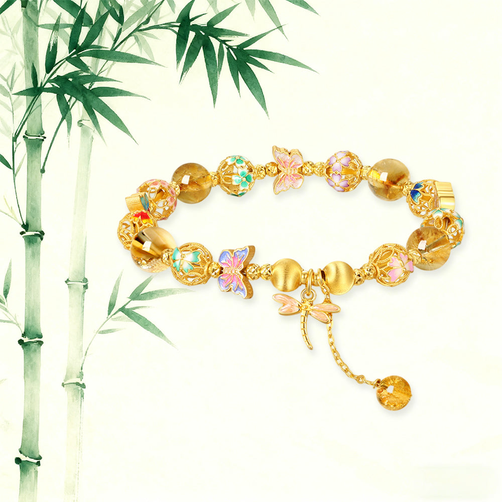S925 Silver Dragonfly Butterfly Embroidery Ball Citrine Beaded Bracelet