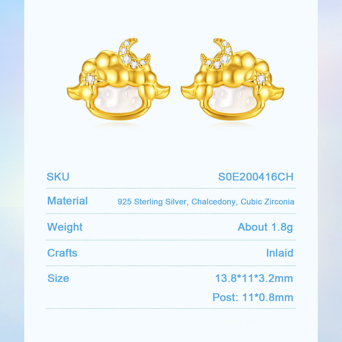 Chalcedony sheep stud earrings size chart showing 13.8 x 11 x 3.2mm dimensions and 11 x 0.8mm posts