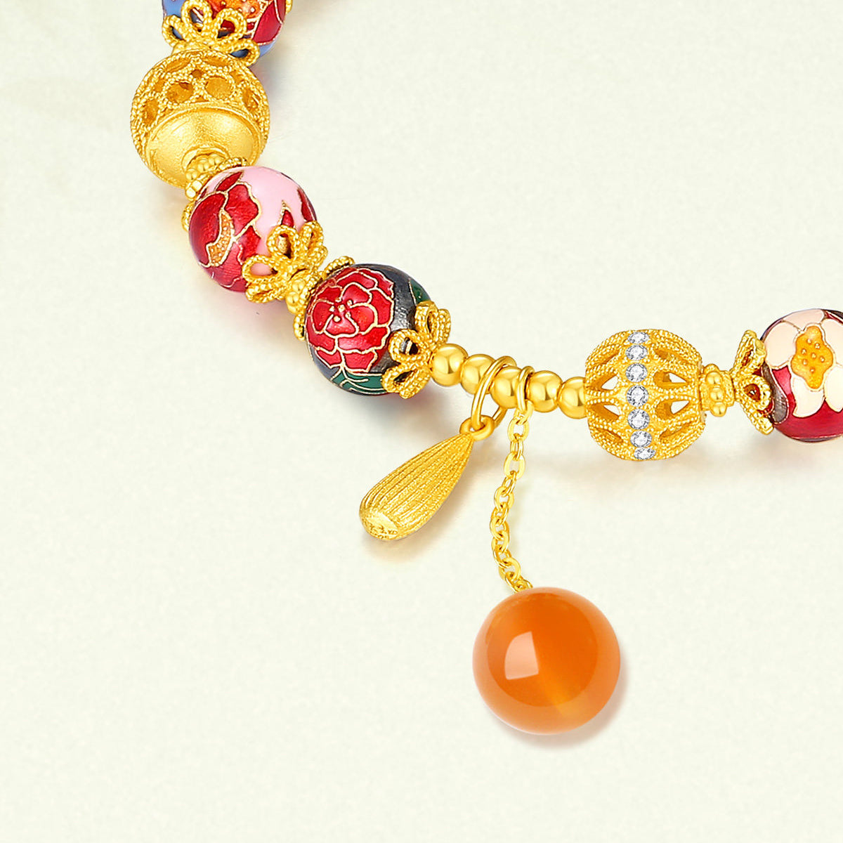 Gold Plated Silver Enamel Agate Hydrangea Flowers Bead Bracelet