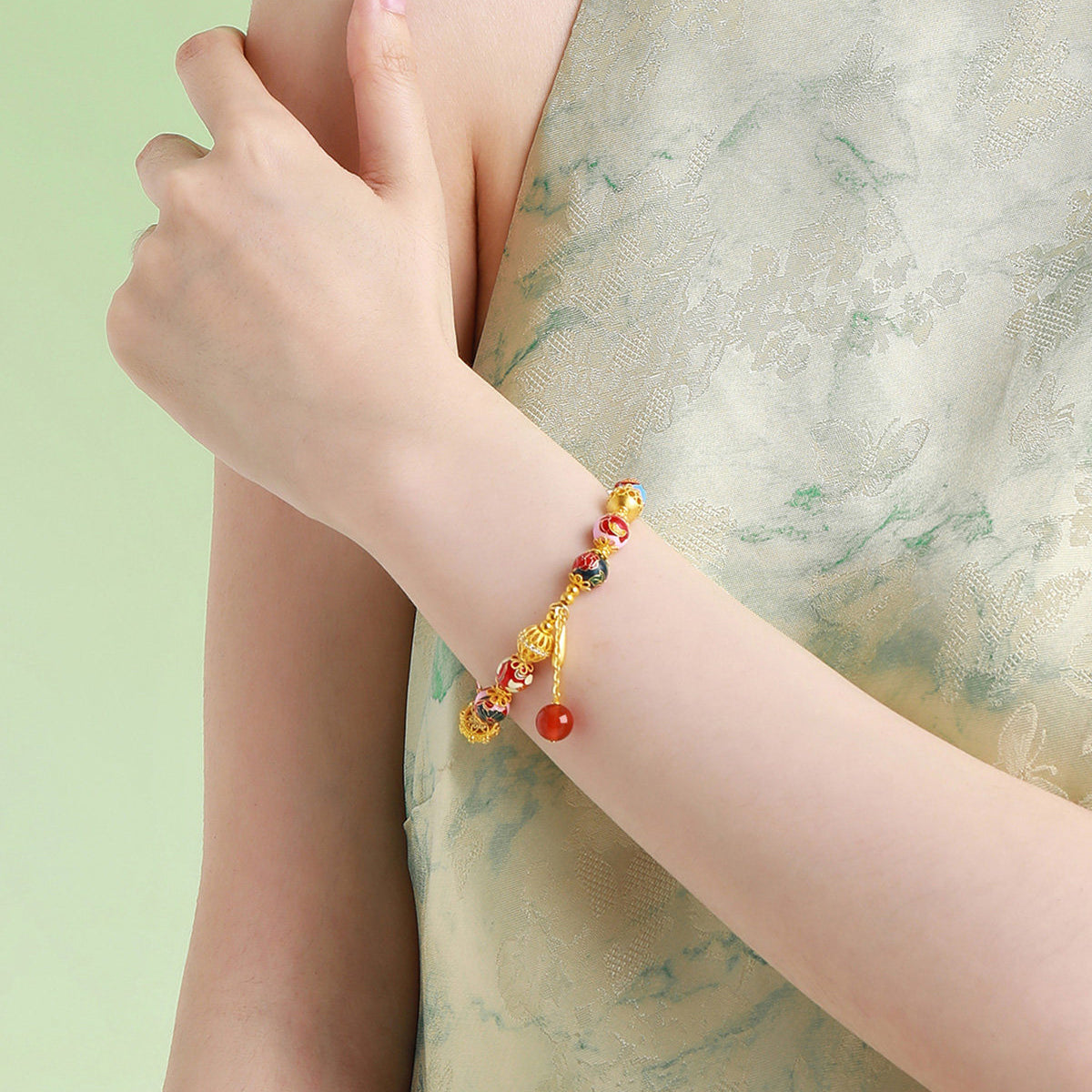 Gold Plated Silver Enamel Agate Hydrangea Flowers Bead Bracelet