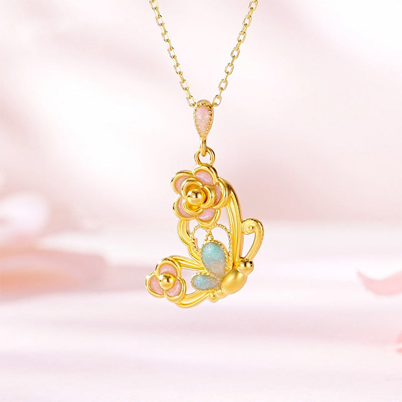 Twelve Gods of Flowers Series 24K Gold Enamel Camellia Butterfly Necklace Pendant